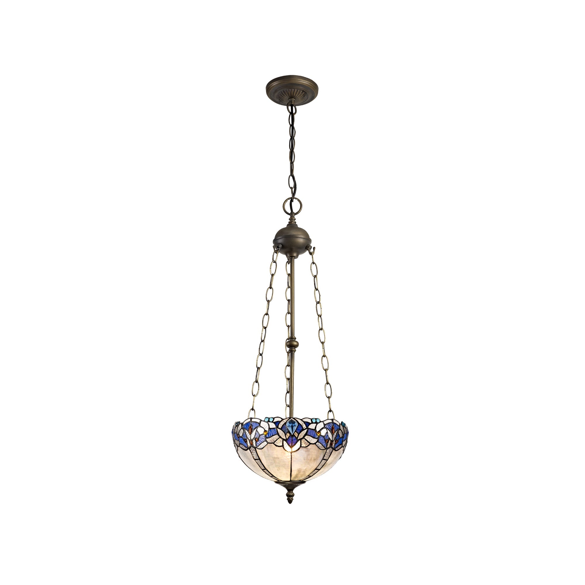 Oksana 2/3 Light Medium/Large Uplighter Centre Ceiling Light E27 With 30cm Tiffany Shade, Blue & Clear Crystal & Aged Antique Brass