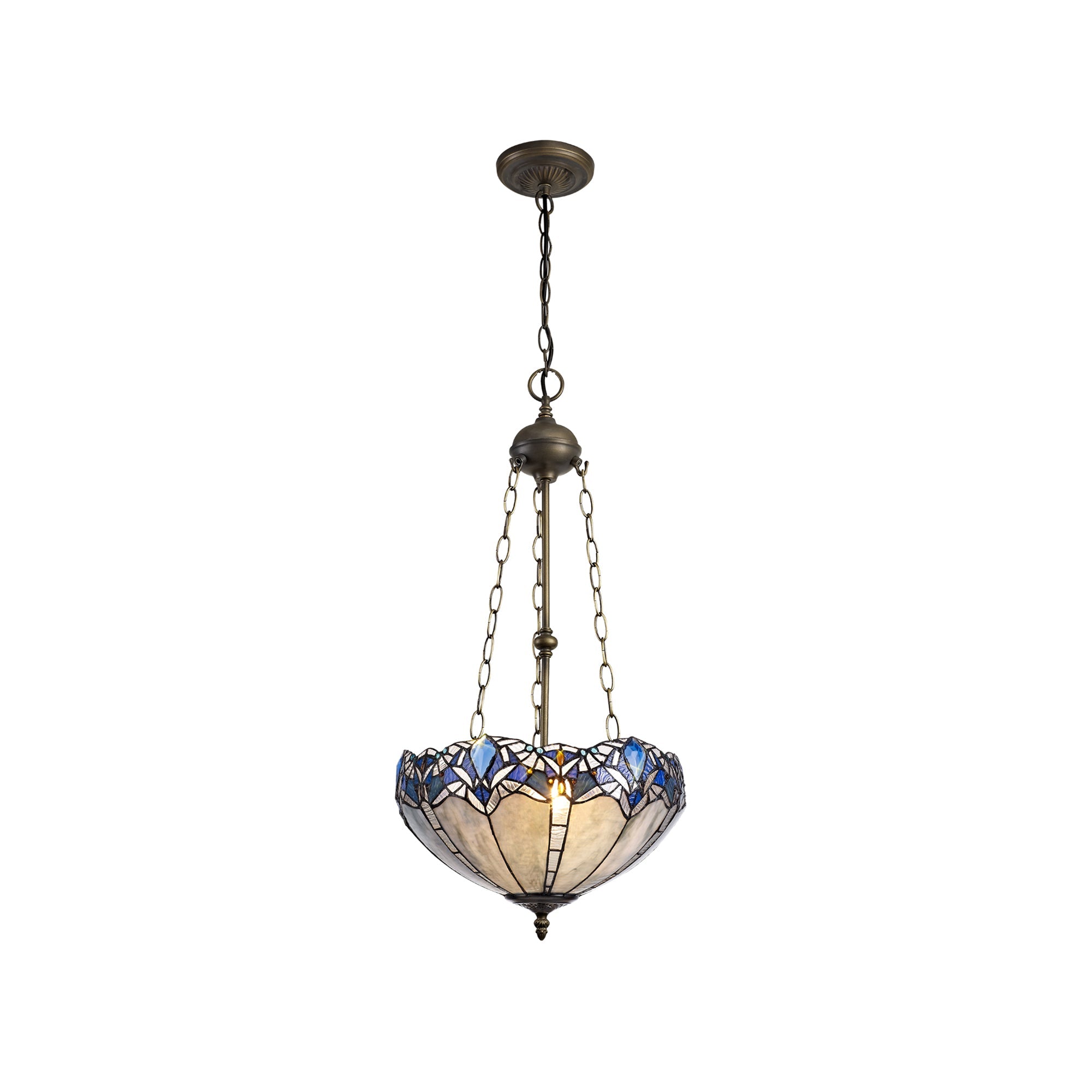 Oksana 2/3 Light Medium/Large Uplighter Centre Ceiling Light E27 With 30cm Tiffany Shade, Blue & Clear Crystal & Aged Antique Brass