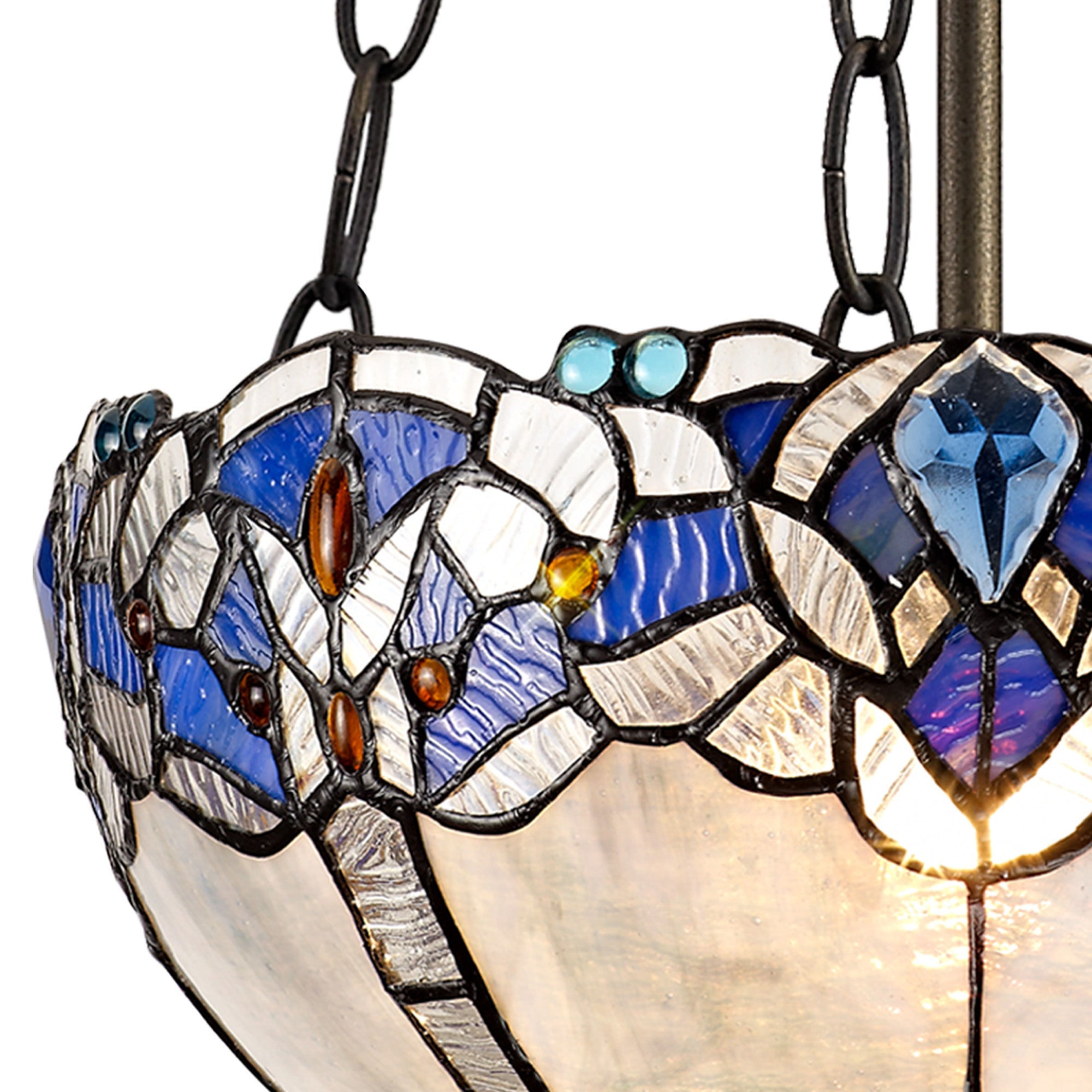 Oksana 2/3 Light Medium/Large Uplighter Centre Ceiling Light E27 With 30cm Tiffany Shade, Blue & Clear Crystal & Aged Antique Brass