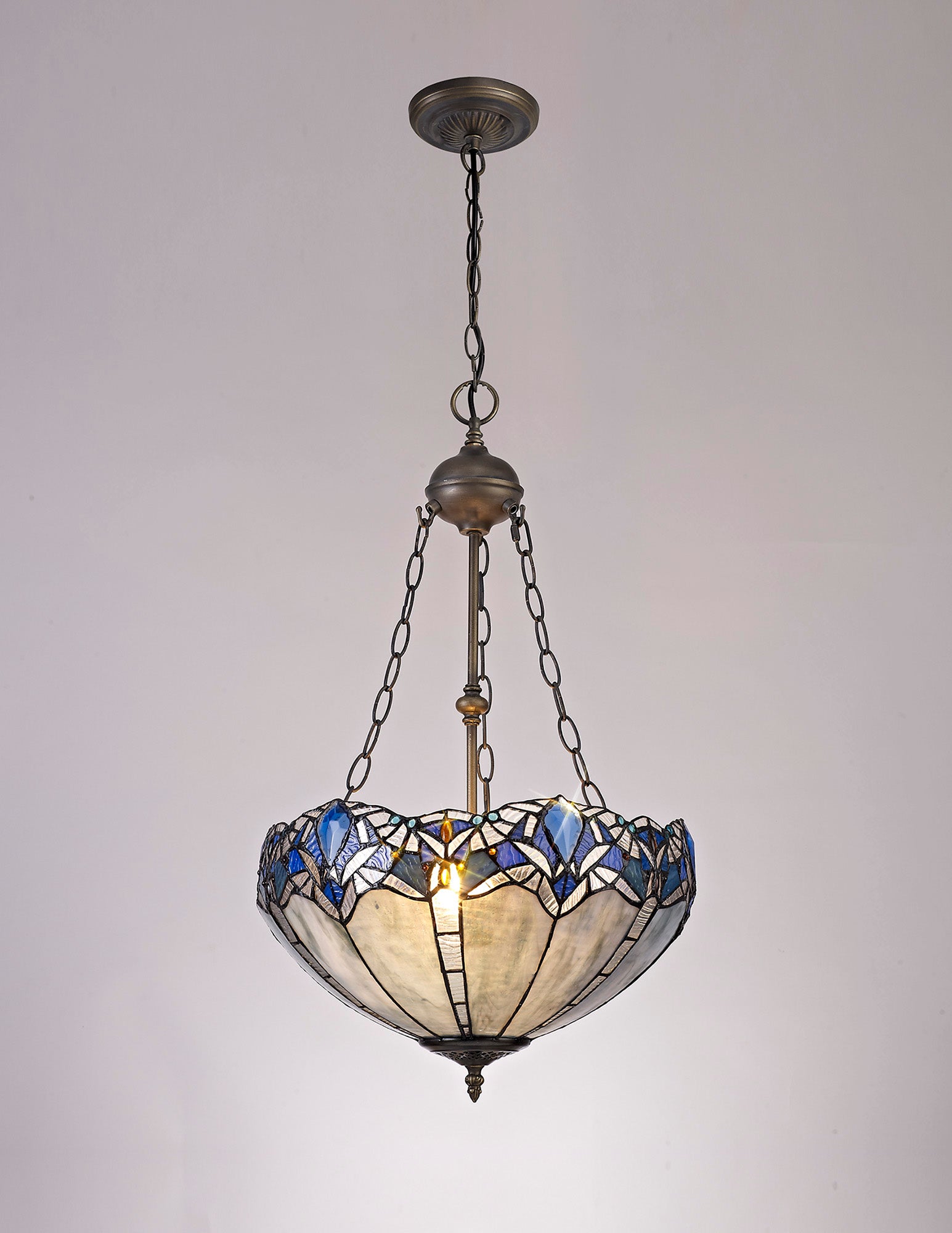 Oksana 2/3 Light Medium/Large Uplighter Centre Ceiling Light E27 With 30cm Tiffany Shade, Blue & Clear Crystal & Aged Antique Brass