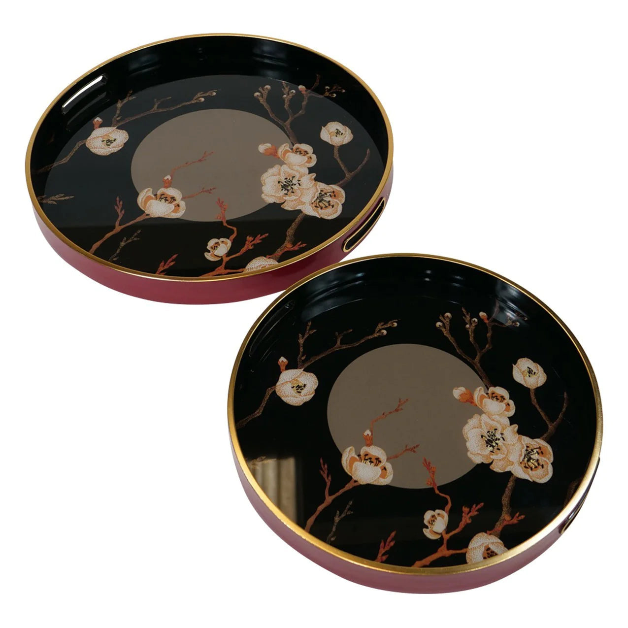 Oriental Bloom Trays (Set of 2) - Black & Gold Finish