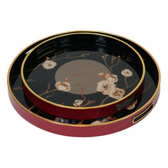 Oriental Bloom Trays (Set of 2) - Black & Gold Finish