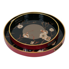 Oriental Bloom Trays (Set of 2) - Black & Gold Finish