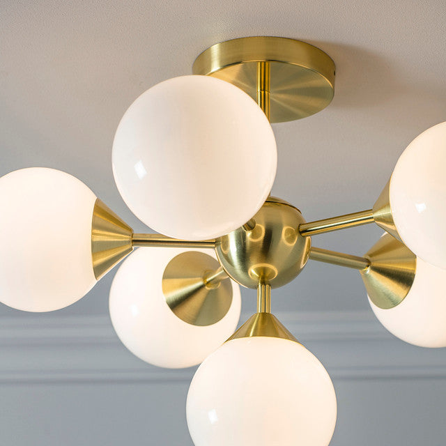 Oscar 6 Light Semi-Flush Ceiling Light- Brushed Brass and Opal Glass Finish