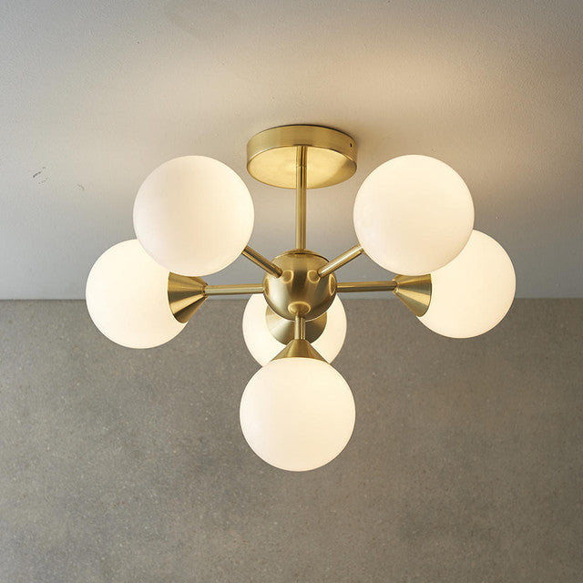 Oscar 6 Light Semi-Flush Ceiling Light- Brushed Brass and Opal Glass Finish