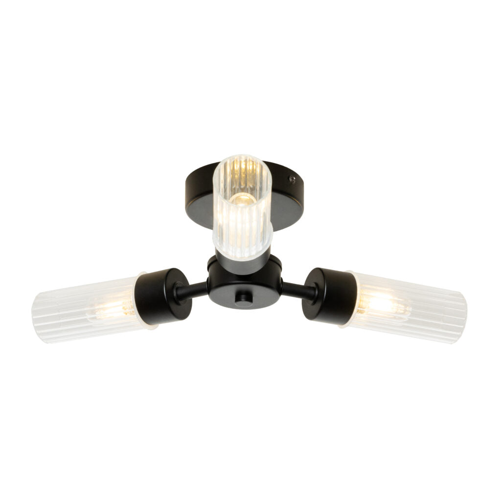 Ottawa Ribbed Three Light Bathroom Ceiling Flush Light- Chrome/ Black