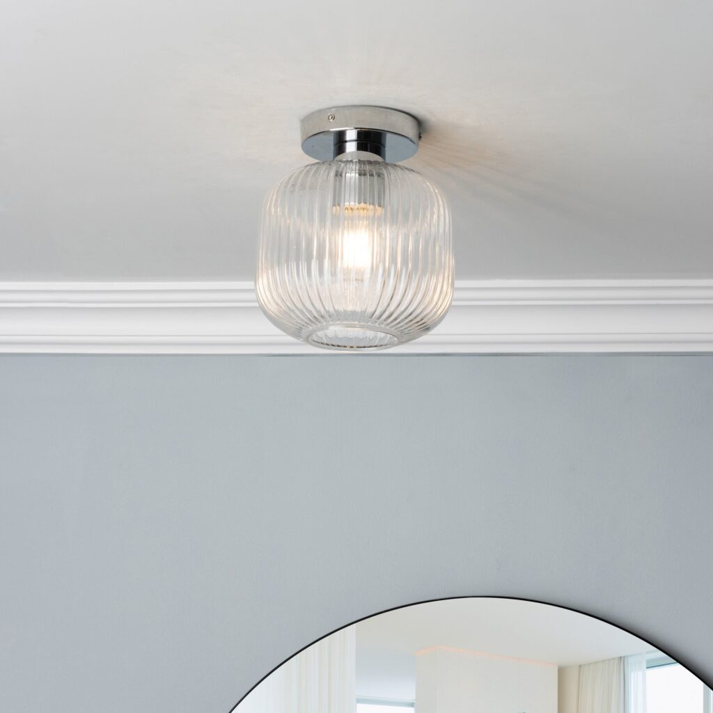 Quebec Ribbed Glass Bathroom Flush Ceiling Light – Chrome/ Satin Brass