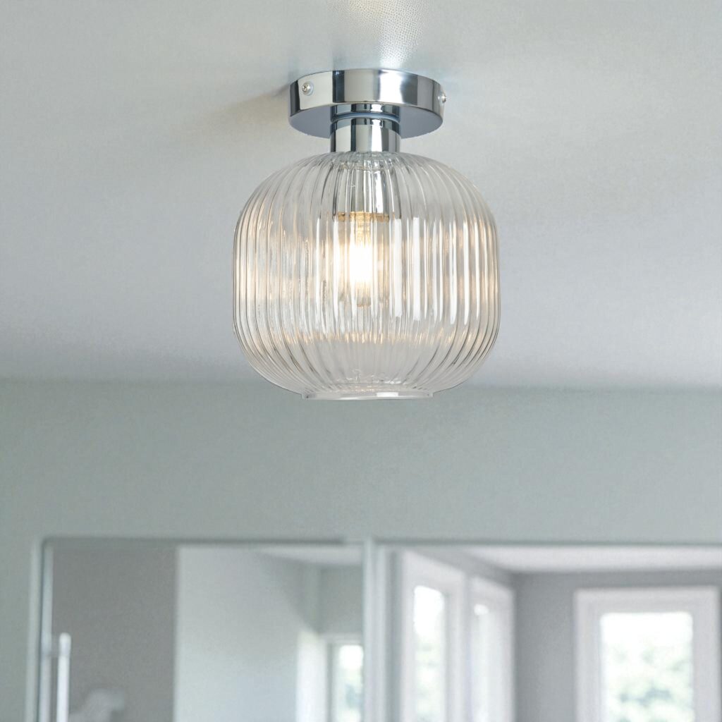 Quebec Ribbed Glass Bathroom Flush Ceiling Light – Chrome/ Satin Brass