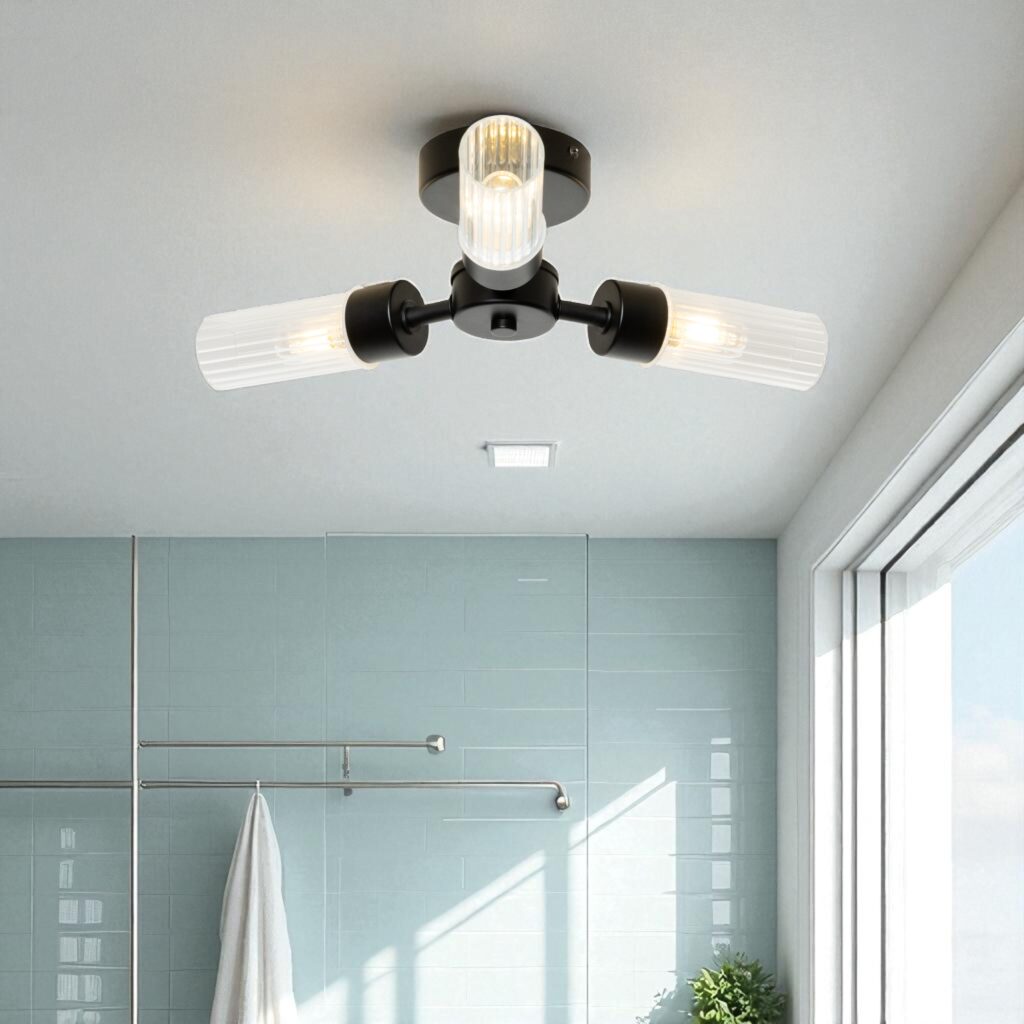 Ottawa Ribbed Three Light Bathroom Ceiling Flush Light- Chrome/ Black