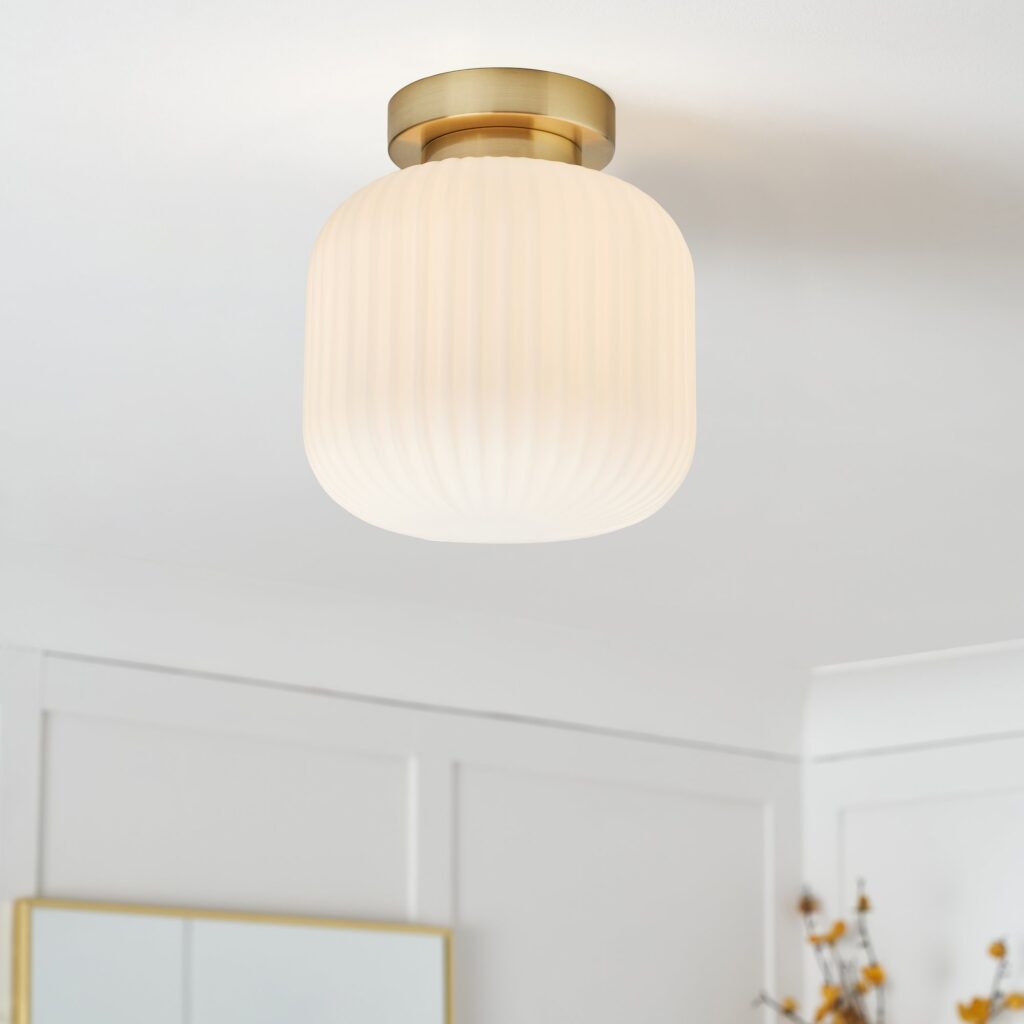 Quebec Ribbed Glass Bathroom Flush Ceiling Light – Chrome/ Satin Brass