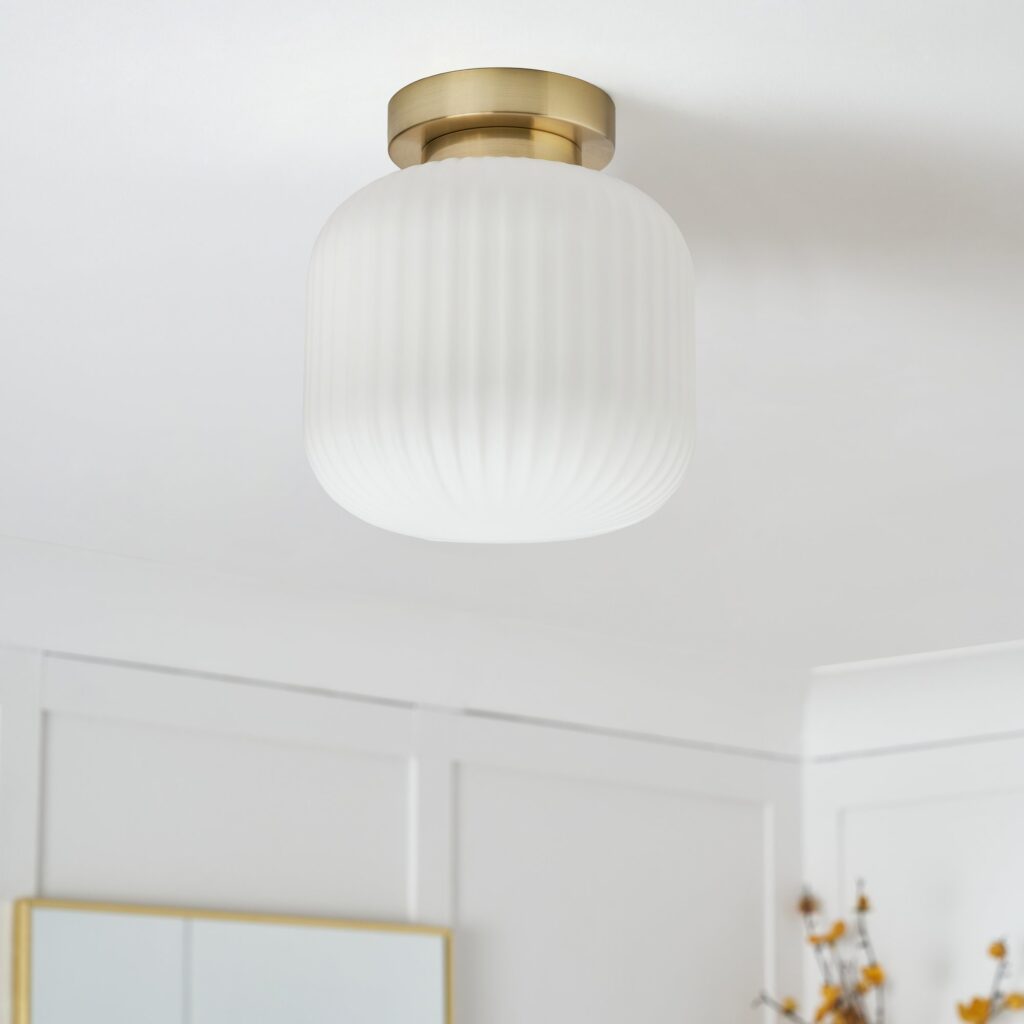 Quebec Ribbed Glass Bathroom Flush Ceiling Light – Chrome/ Satin Brass