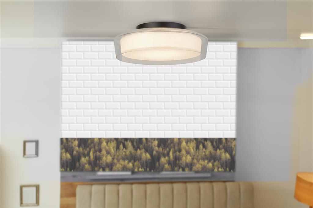 PUCK FLUSH BATHROOM CEILING LIGHT - BLACK METAL & OPAL, IP44 - Cusack Lighting