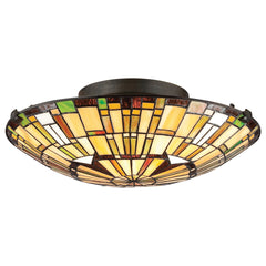 Quoizel Reed 2 lt Tiffany style Flush - Valiant Bronze &amp; Art Glass Shade E27
