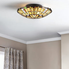 Quoizel Reed 2 lt Tiffany style Flush - Valiant Bronze &amp; Art Glass Shade E27