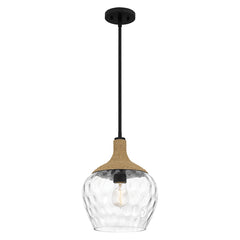 Quoizel Royer 1 lt Pendant - Matte Black with natural rope detail and clear mottled blown glass shade E27