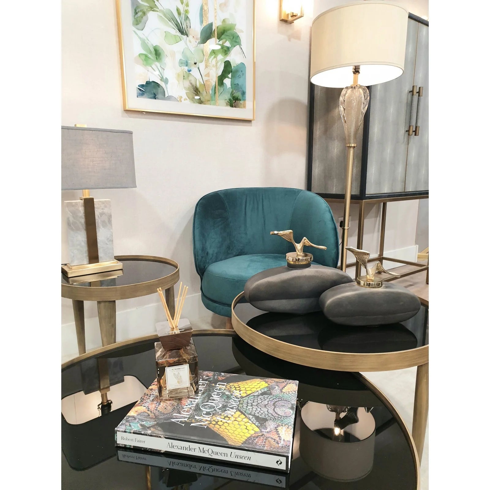 Reese Medium/Large Table -Antiqued Frame/Legs & Black Smoked Glass Finish