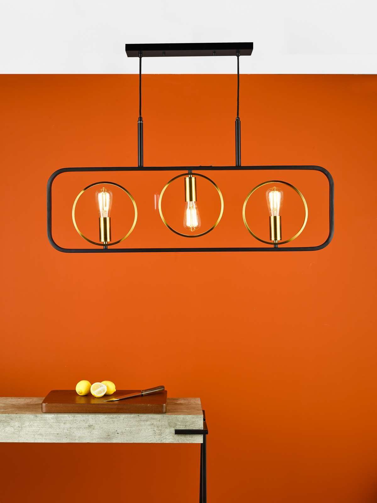 Dar Ryota 3Lt Kitchen Table/Island Ceiling Light - Satin Black & Antique Gold Finish, IP20