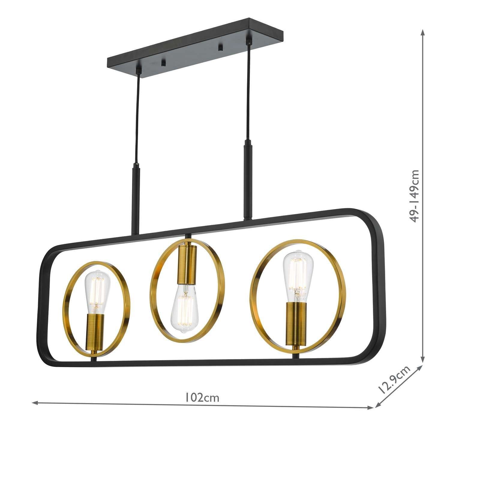 Dar Ryota 3Lt Kitchen Table/Island Ceiling Light - Satin Black & Antique Gold Finish, IP20