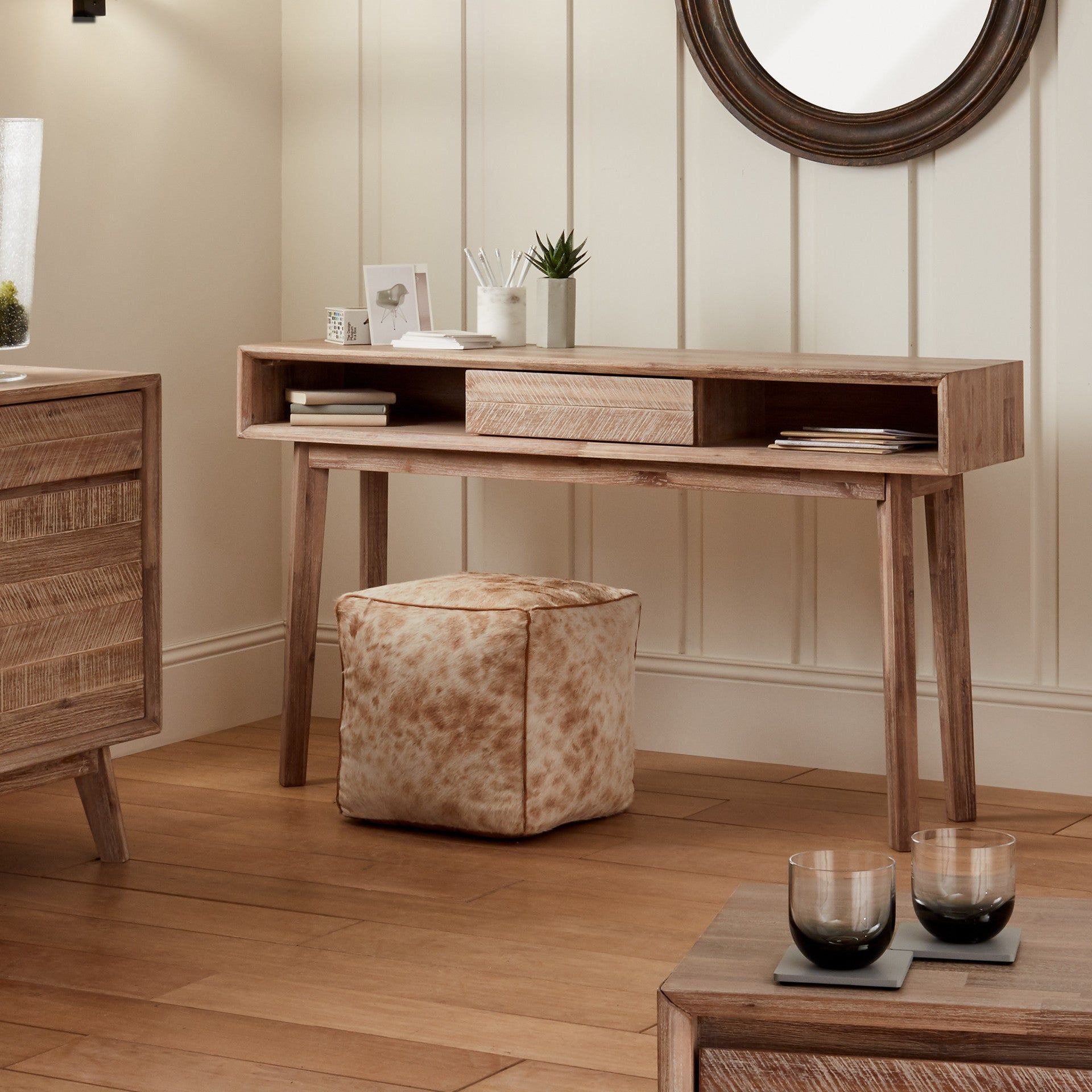 Sand Wash Acacia Wood 1 Drawer Console K/D  - Textured Wood Finish - Cusack Lighting