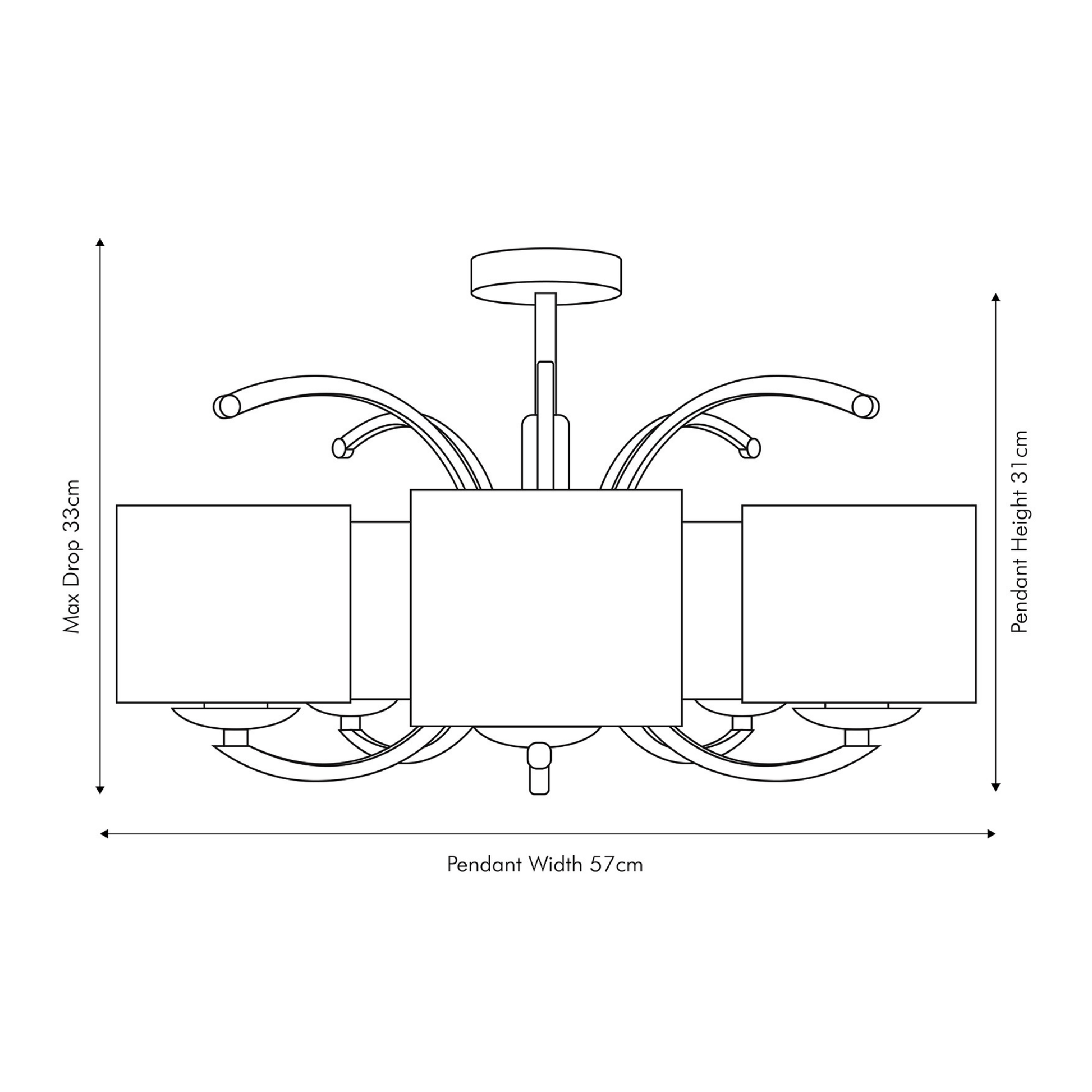 Satin Brass Metal Curved 5 Arm Semi Flush Pendant - Cusack Lighting