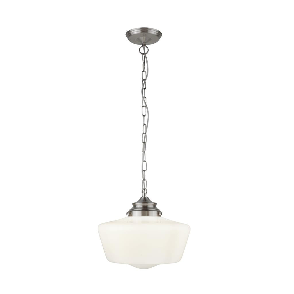 School House Pendant - Satin Silver Metal & Opal Glass