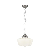 School House Pendant - Satin Silver Metal & Opal Glass