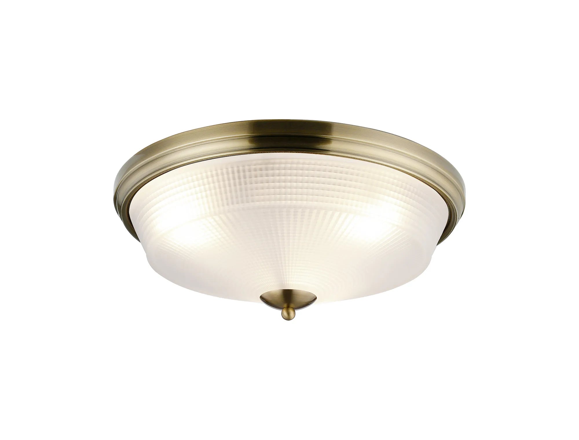 Cleron 2 Light E27 Flush Ceiling Light, Antique Brass, Satin Nickel, Polished Nickel / Prismatic Glass