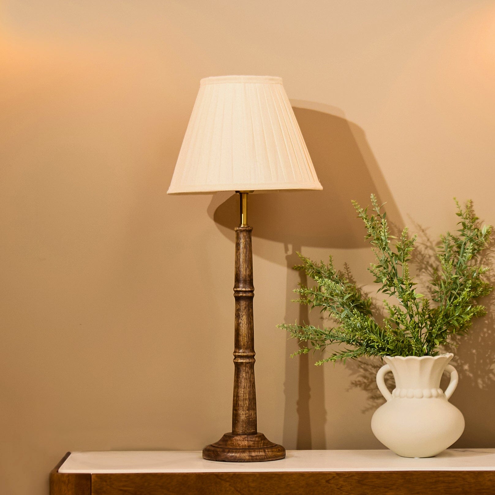 Small Wooden Table Lamp- Neutral Lampshade