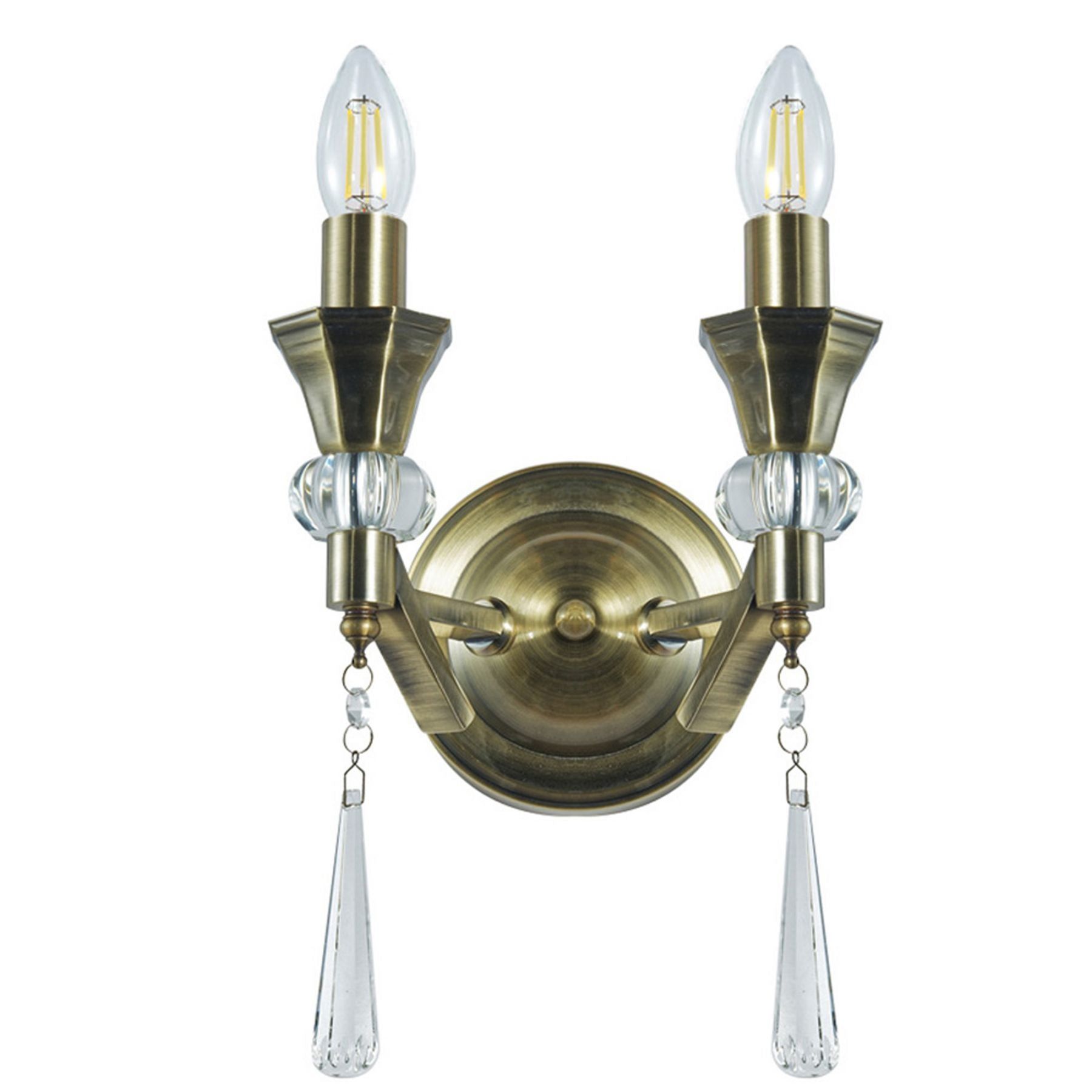 Sophia 2 Light Crystal Wall Light - Antique Brass