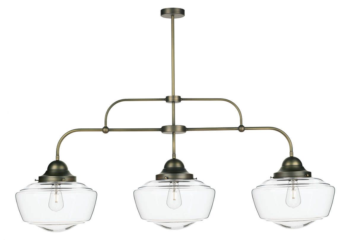 Stowe 3 light pendant in antique brass with clear/Opal/Smoked glass