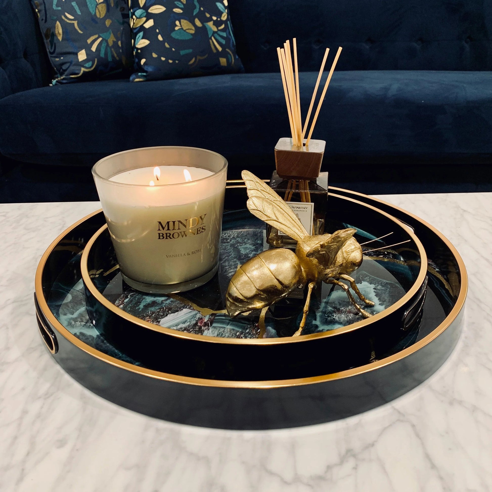 Midnight Glory Serving Tray Set of 2 - Gold & Black Finish