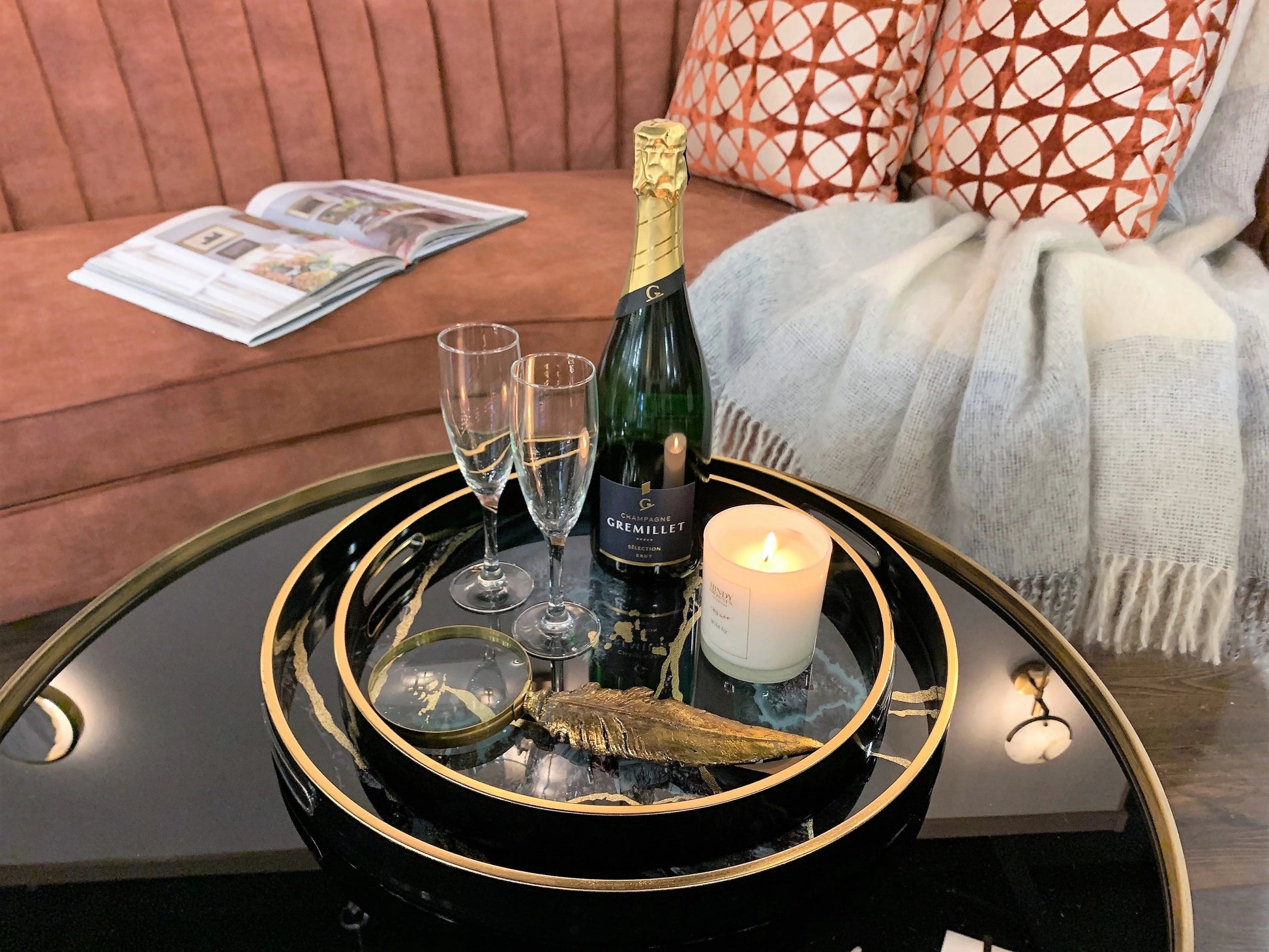 Midnight Glory Serving Tray Set of 2 - Gold & Black Finish