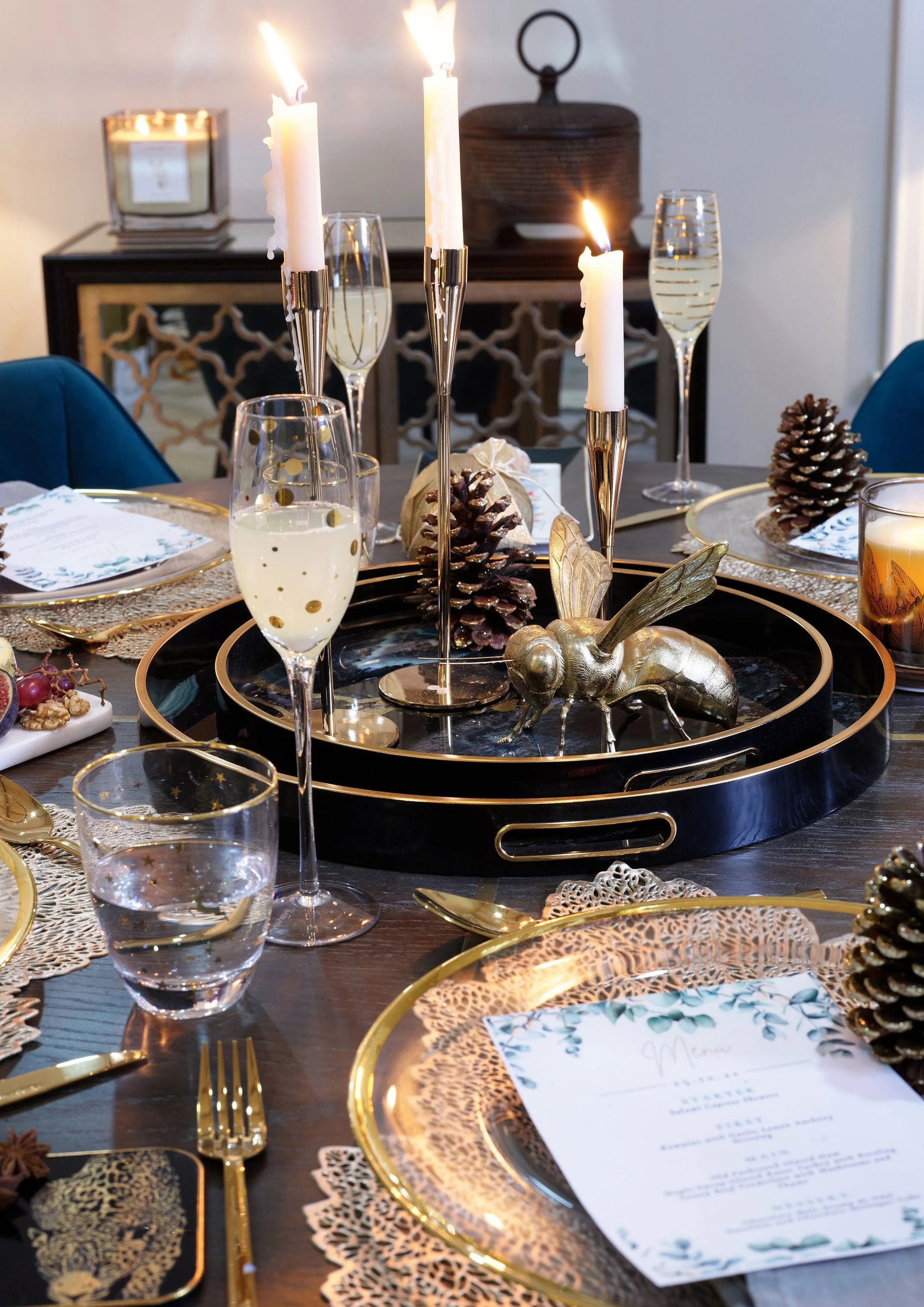 Midnight Glory Serving Tray Set of 2 - Gold & Black Finish