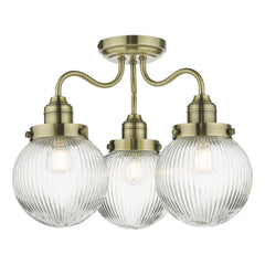 Tamara 3 Light Bathroom Semi Flush Antique Brass/ Polished Chrome-Finish Ribbed Glass IP44