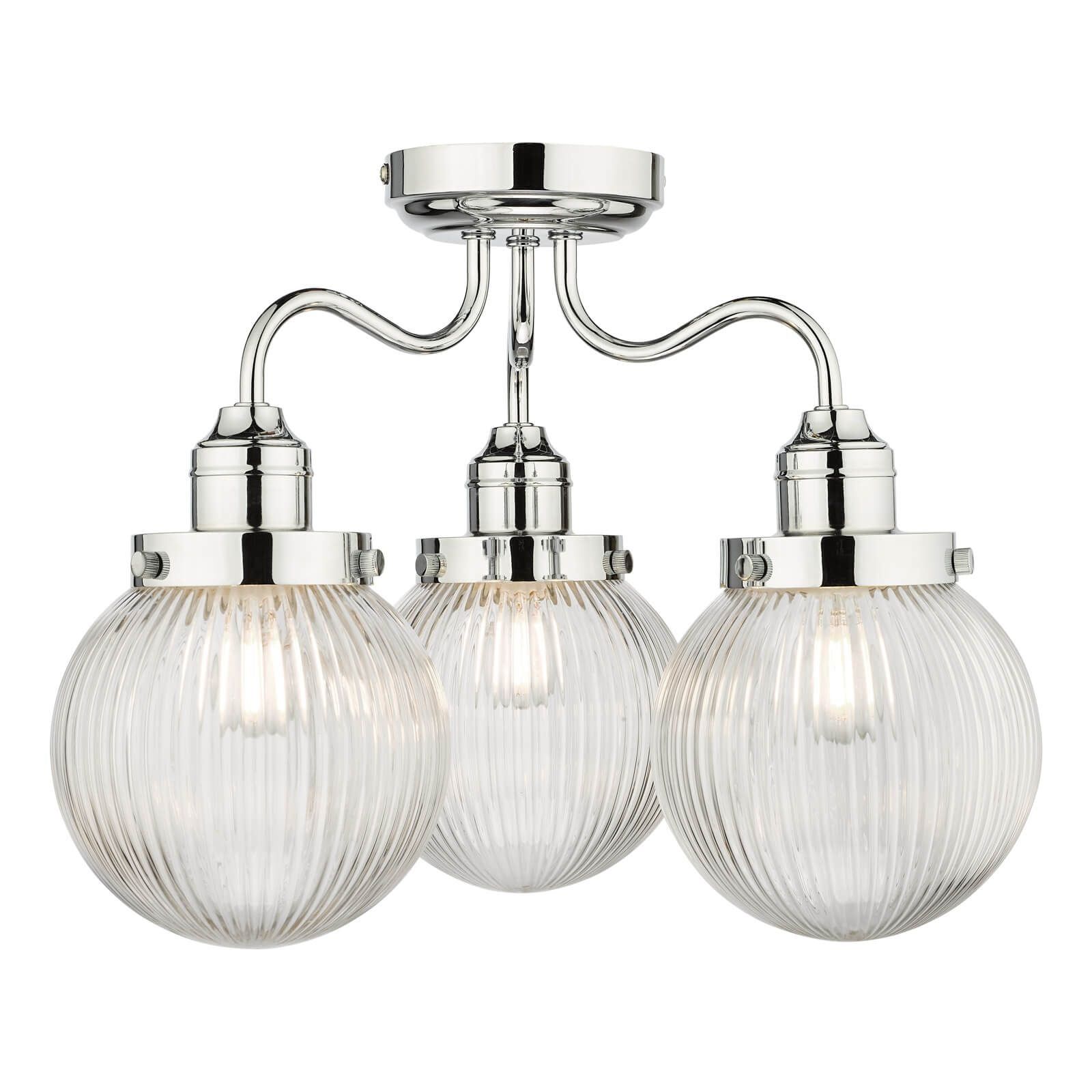 Tamara 3 Light Bathroom Semi Flush Antique Brass/ Polished Chrome-Finish Ribbed Glass IP44