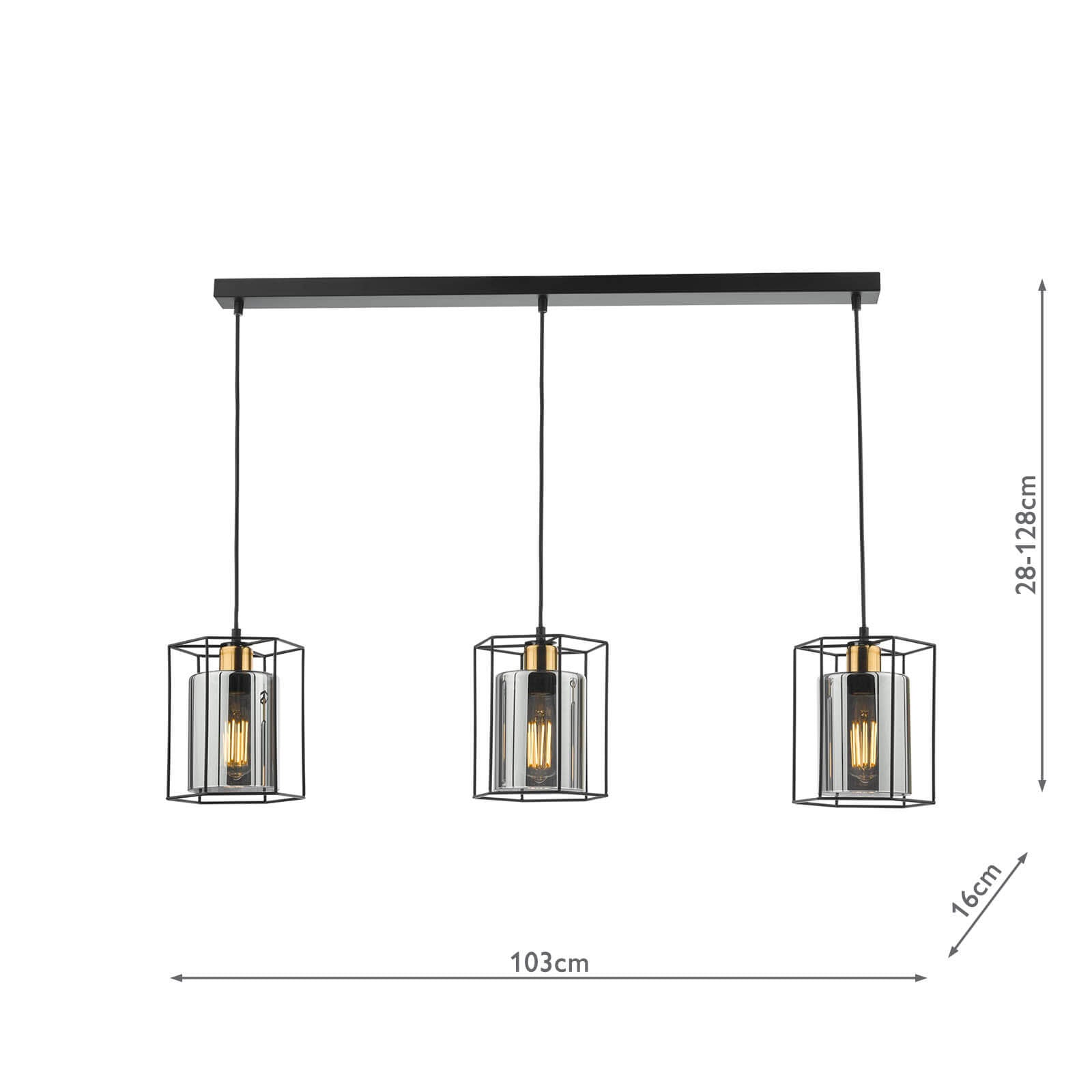 Tatum 3 Light Kitchen Light Matt Black and Smoked Glass