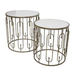 Estela Side Table Set of 2- Distressed Antique Gold & Marble/Mirror Finish