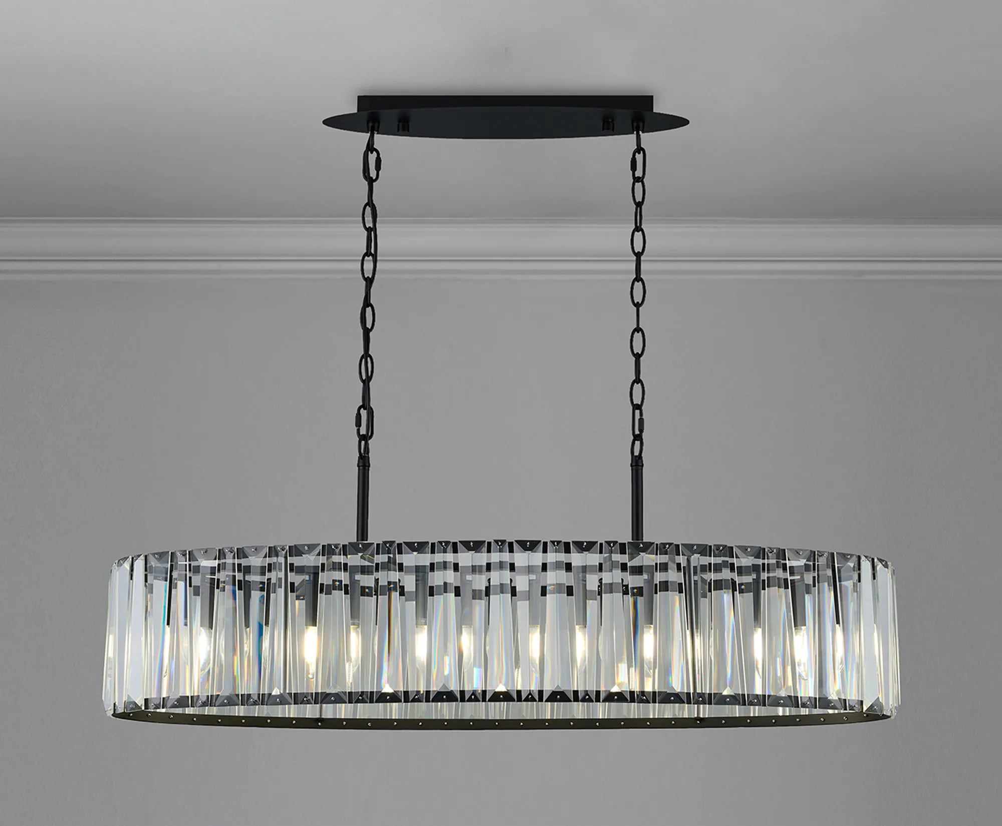 Tudor Crystal Linear Chandelier- Black/ Brass/ Nickel Finishes