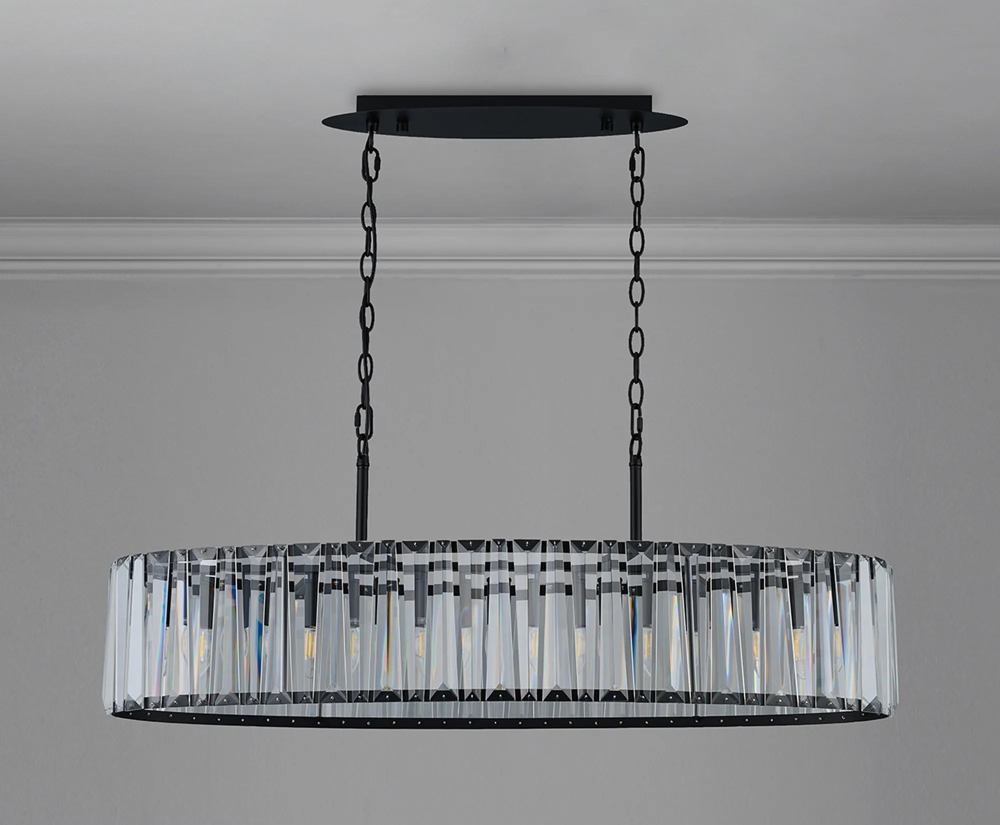 Tudor Crystal Linear Chandelier- Black/ Brass/ Nickel Finishes
