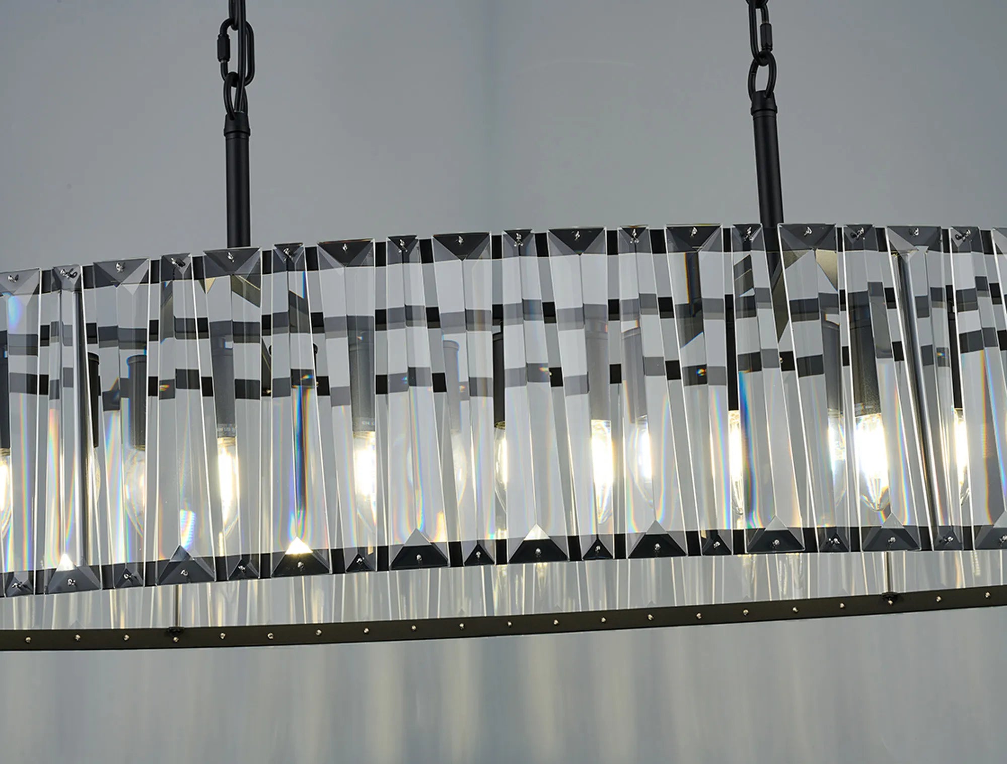 Tudor Crystal Linear Chandelier- Black/ Brass/ Nickel Finishes