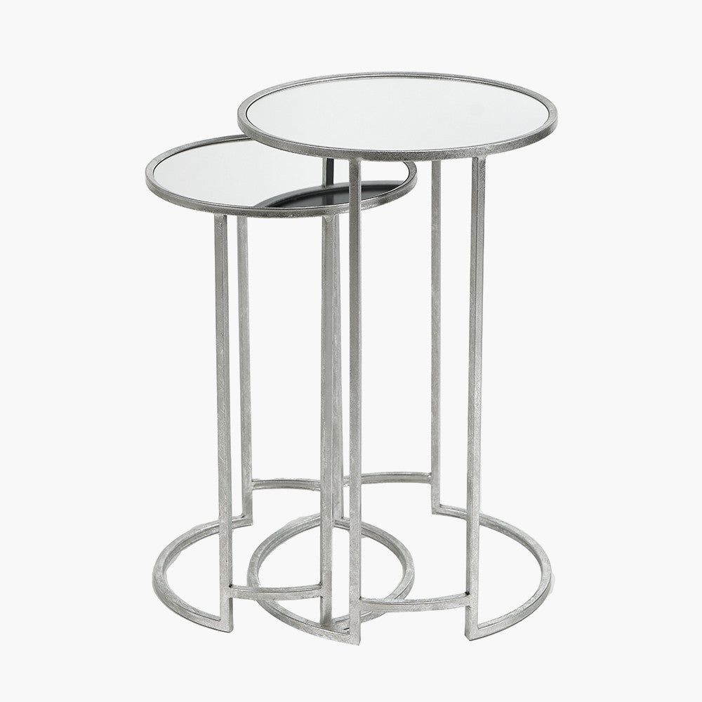 S/2 Veneziano Metal and Mirrored Glass Round Tables - Silver Finish