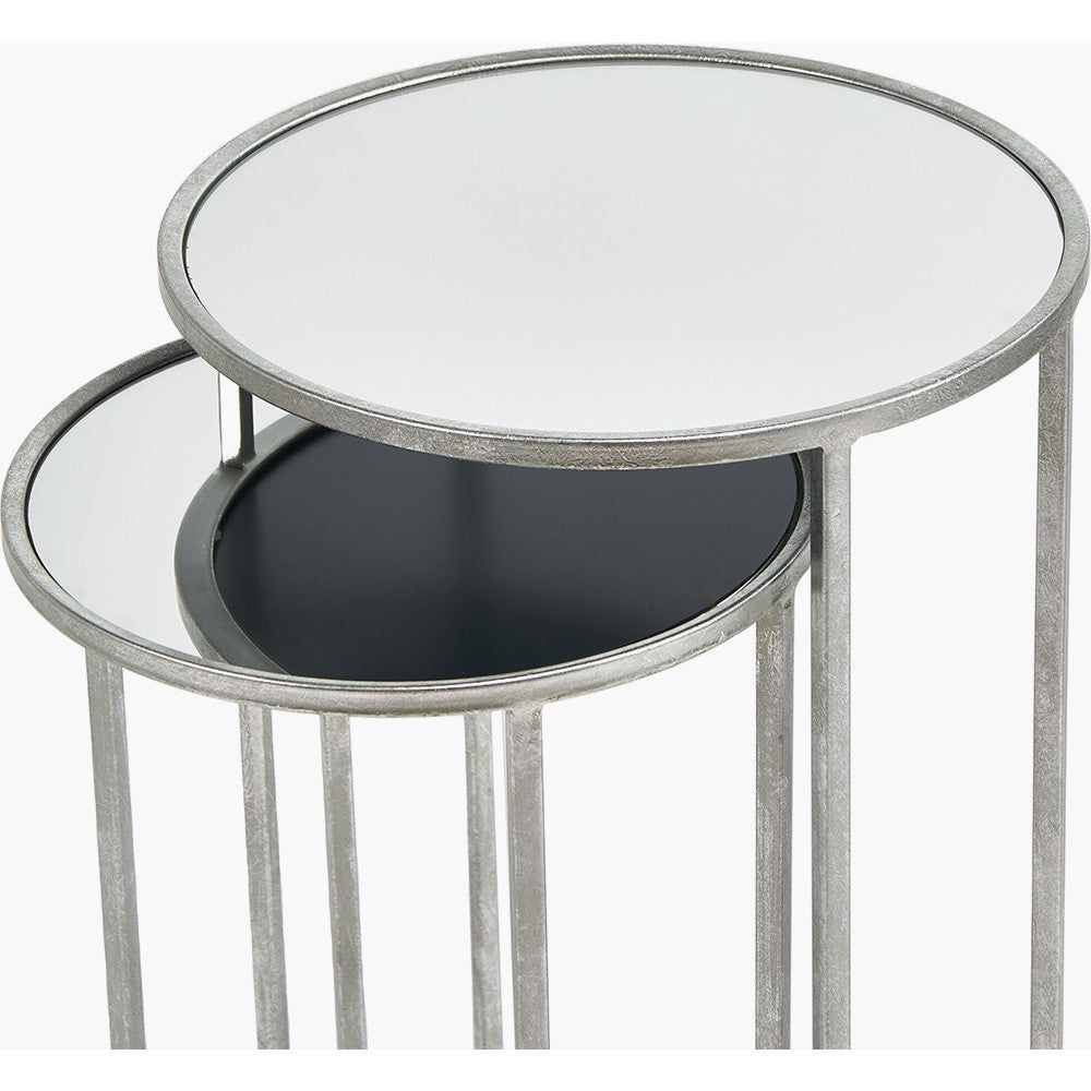 S/2 Veneziano Metal and Mirrored Glass Round Tables - Silver Finish