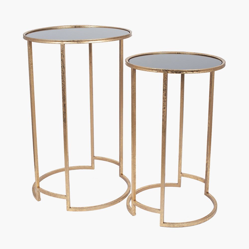 S/2 Veneziano Metal and Black Glass Round Tables - Gold Finish
