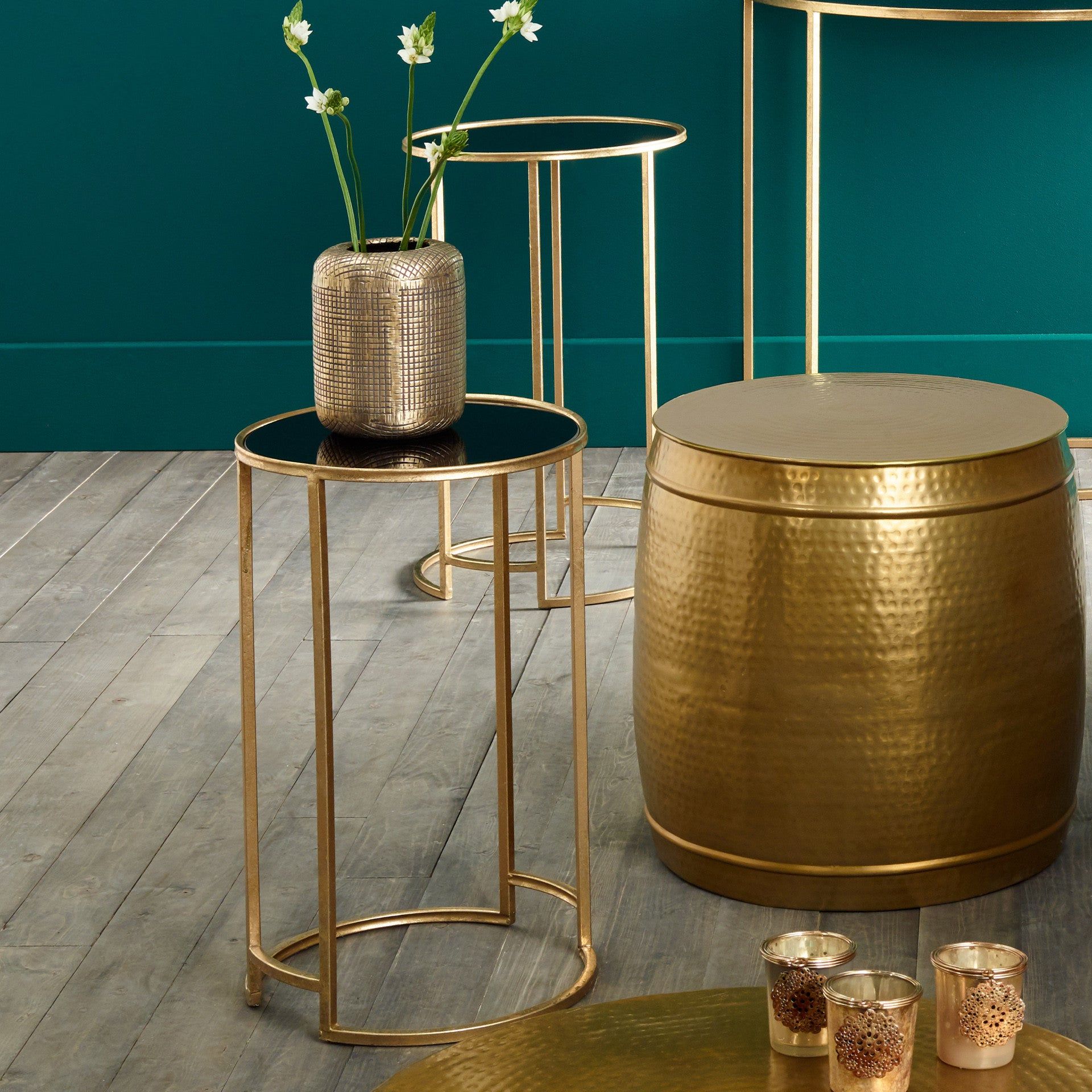 S/2 Veneziano Metal and Black Glass Round Tables - Gold Finish