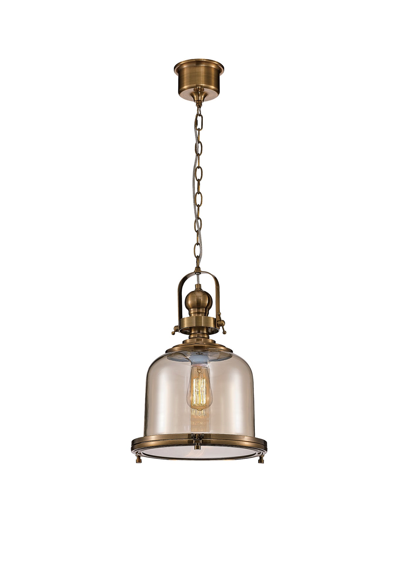 Vintage 26/33/38cm Bell Pendant, 1 Lt E27, Antique Brass/Amber Glass