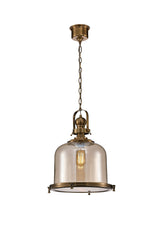 Vintage 26/33/38cm Bell Pendant, 1 Lt E27, Antique Brass/Amber Glass