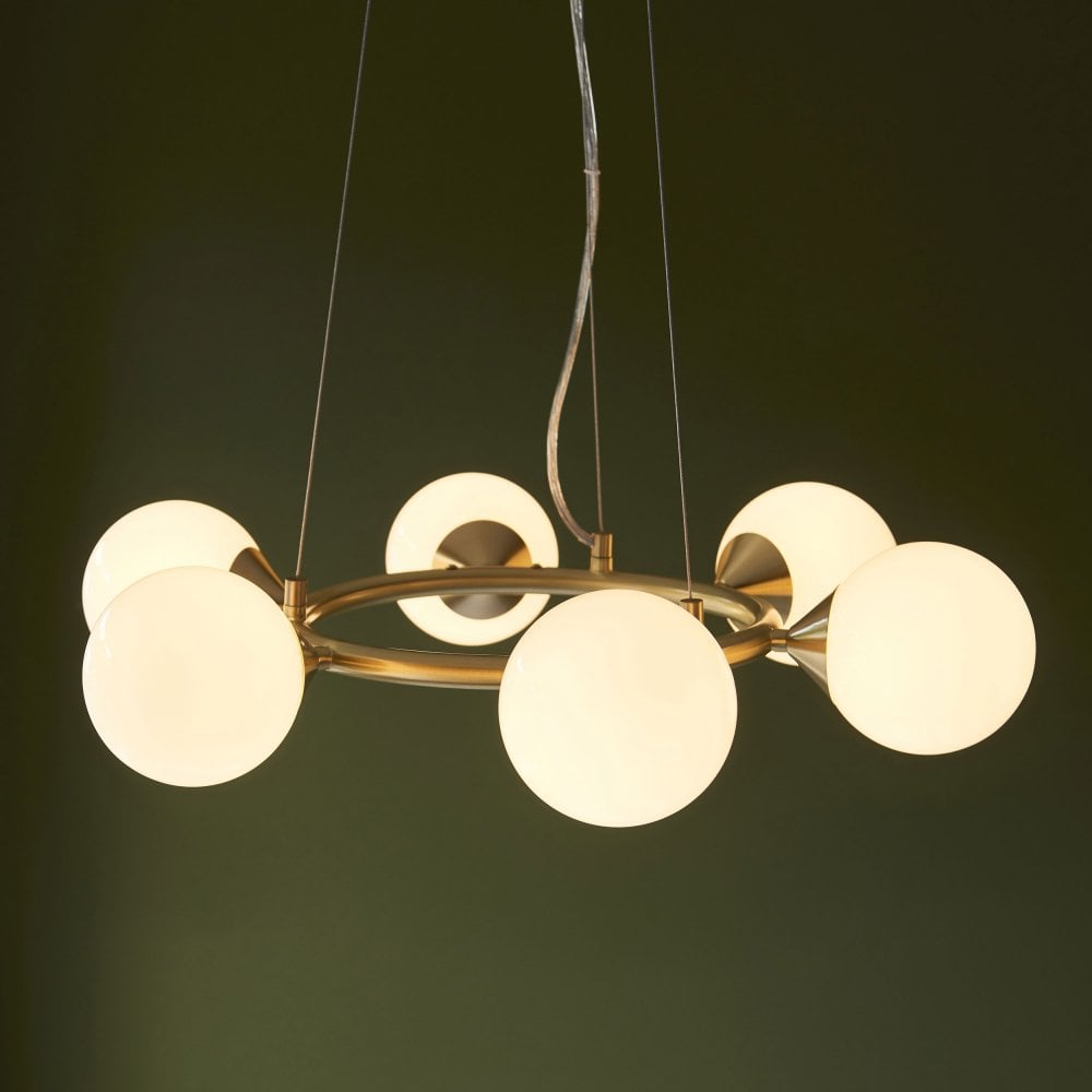 Gallant 6/10Lt Ring Pendant- Brushed Brass with Gloss Opal Glass Shades