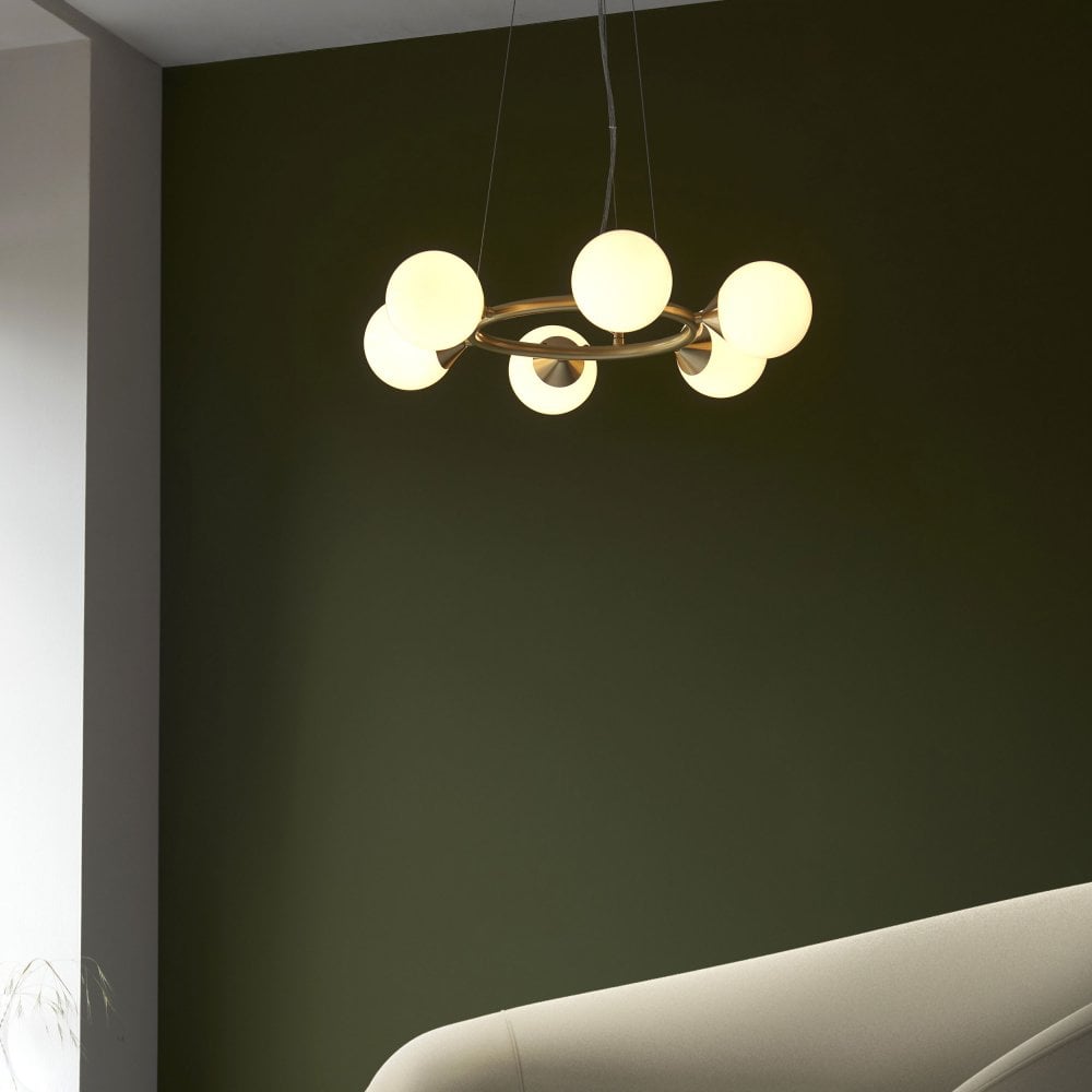 Gallant 6/10Lt Ring Pendant- Brushed Brass with Gloss Opal Glass Shades
