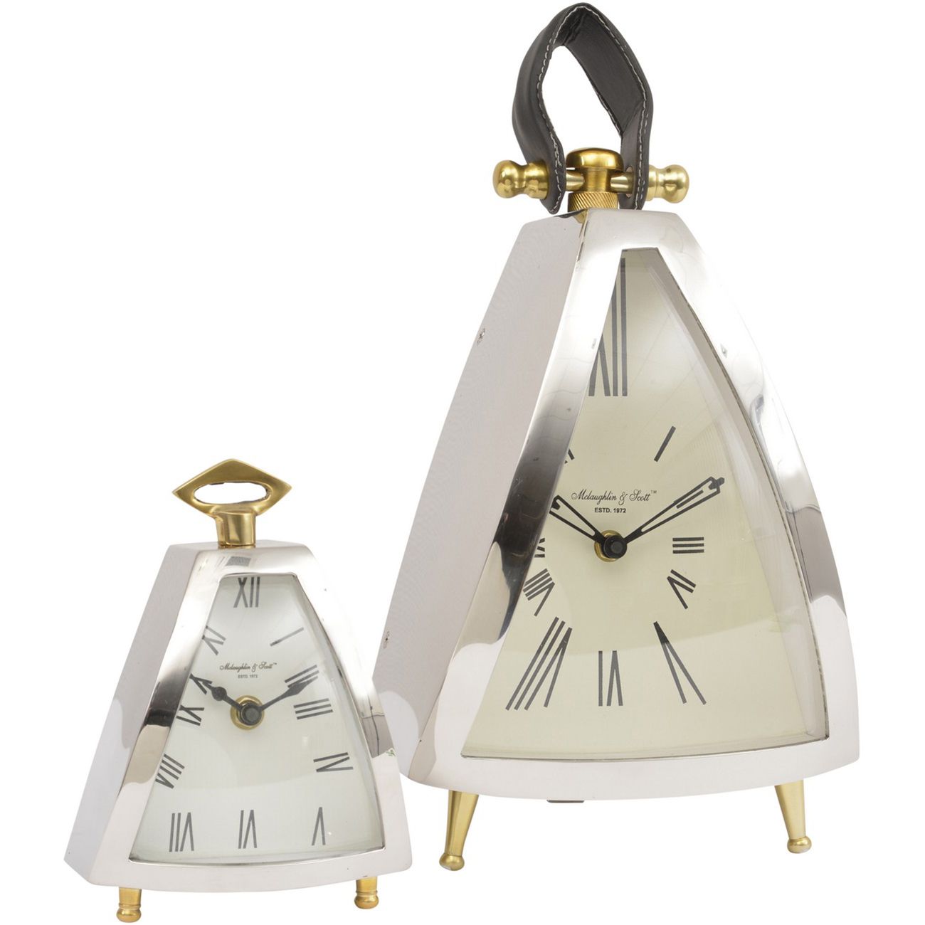 Isosceles Small & Large Curved Front Mantel Clock - Nickel Finish