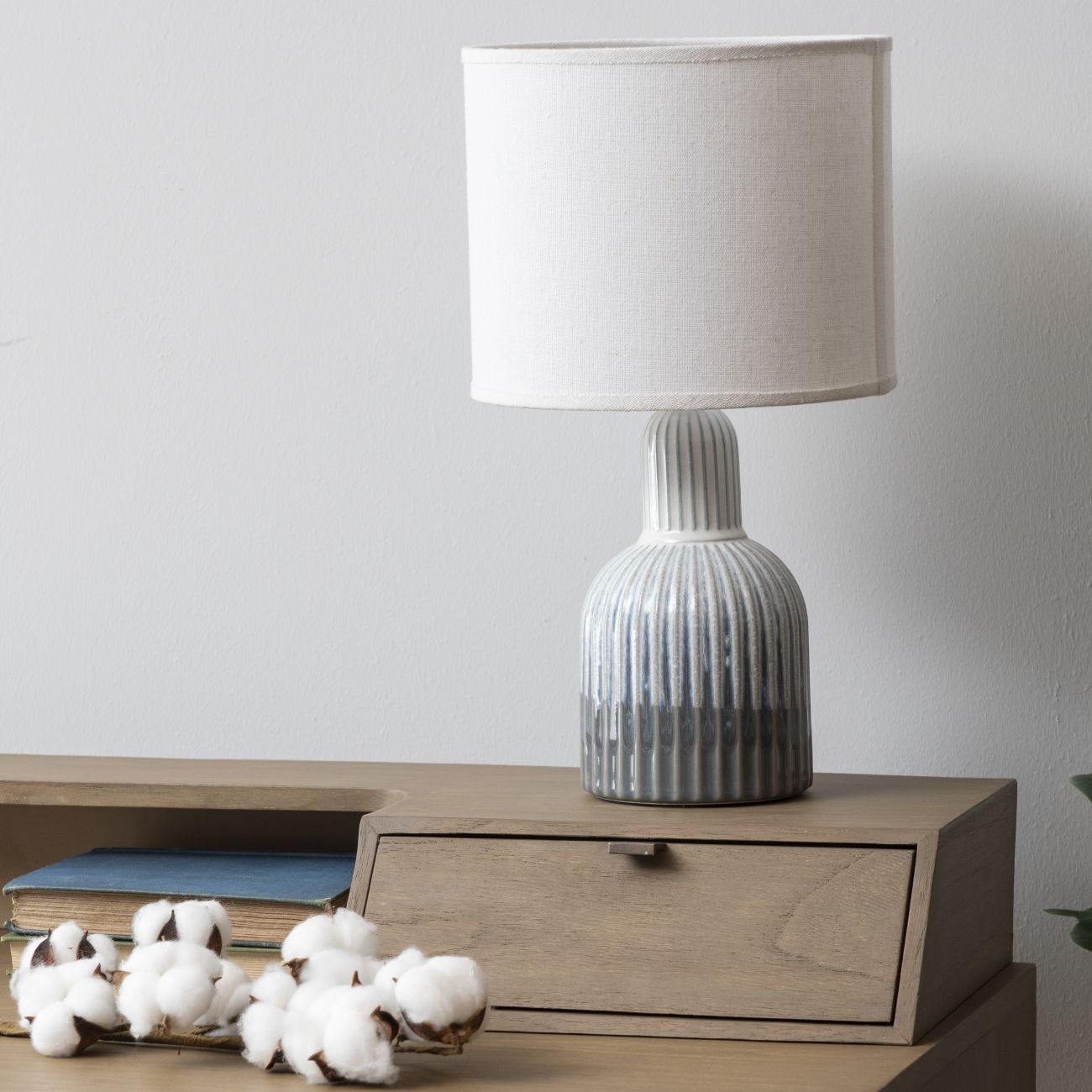 Grey Porcelain Small Lamp - Ribbed Detailing & White Shade